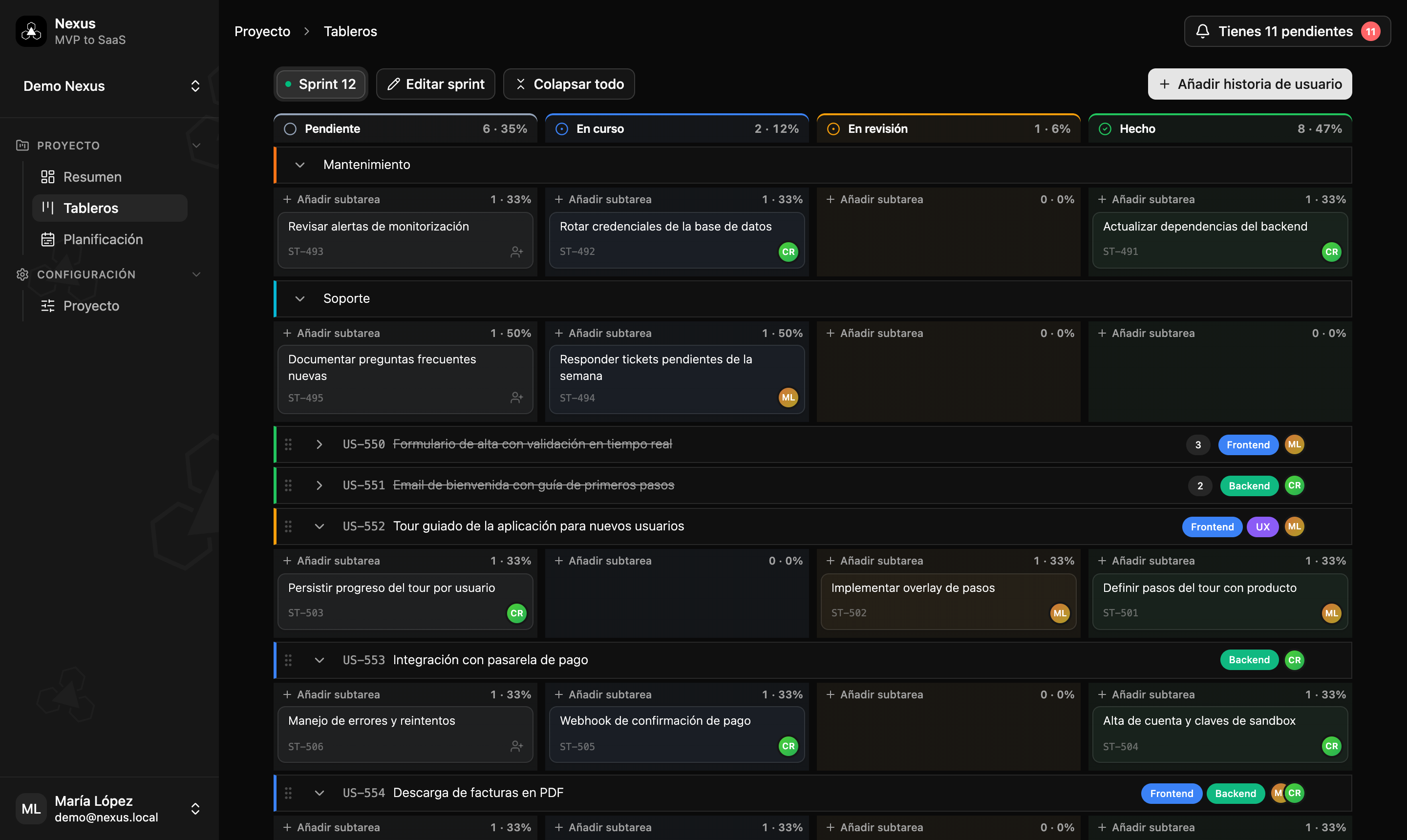 Tableros de historias y subtareas