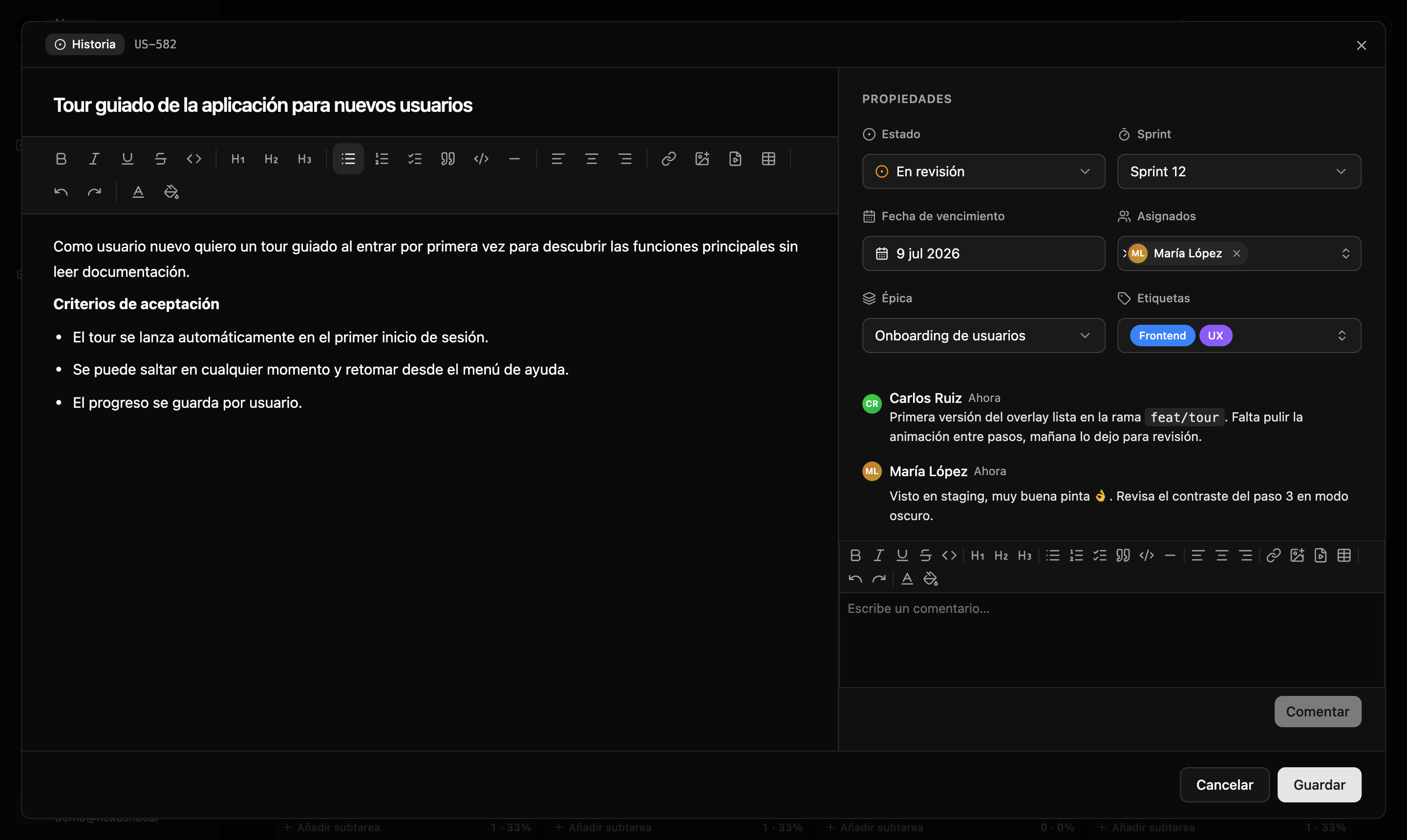 Historias y subtareas con todo el contexto