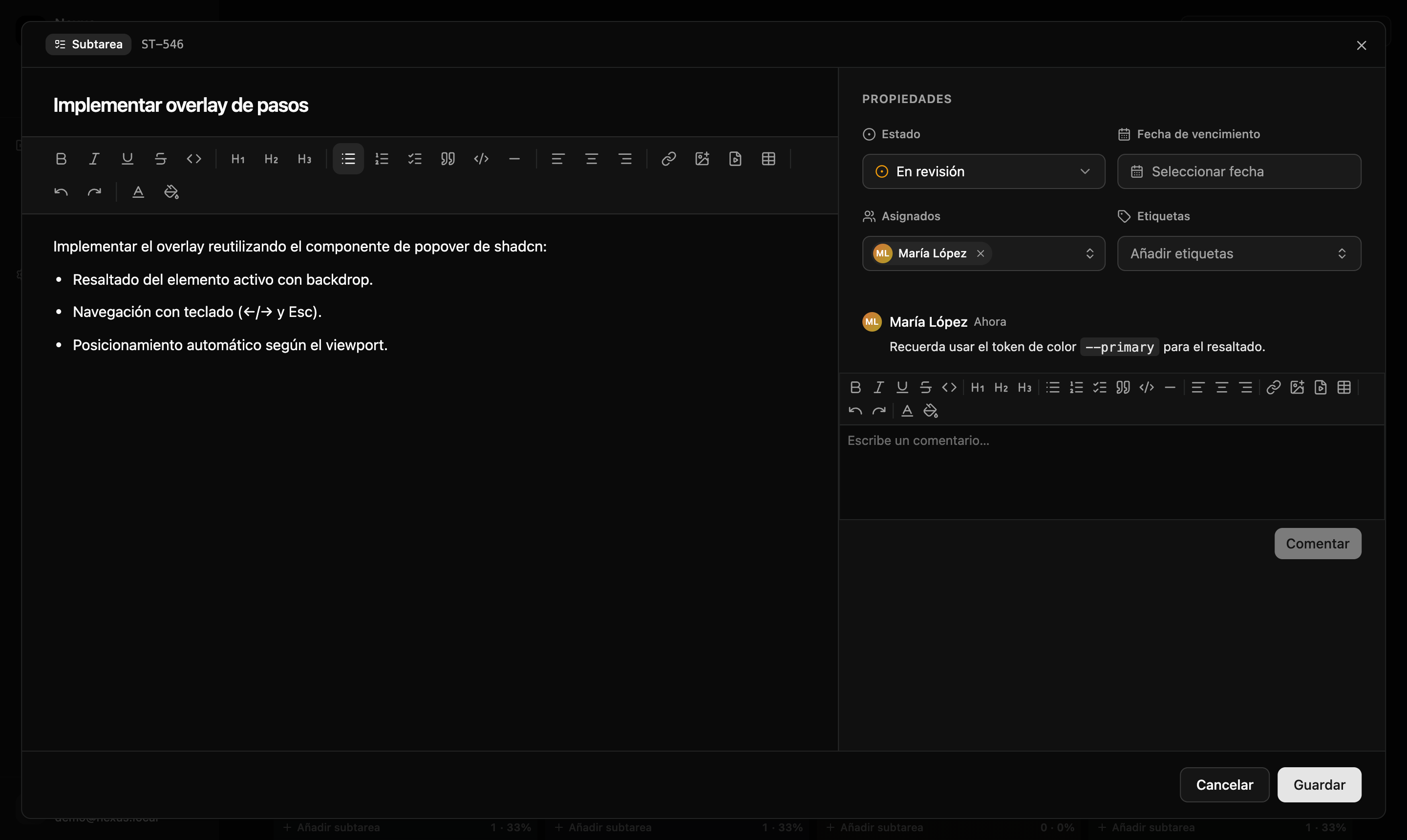 Historias y subtareas con todo el contexto